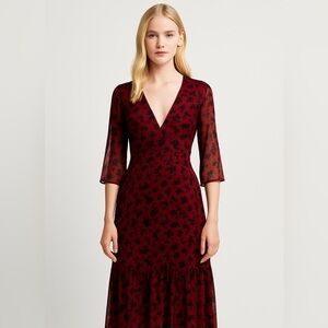 GANNI Fiji Flower Mesh Midi Dress Size 40 (US 8) Floral Ruched Sheer Sleeves